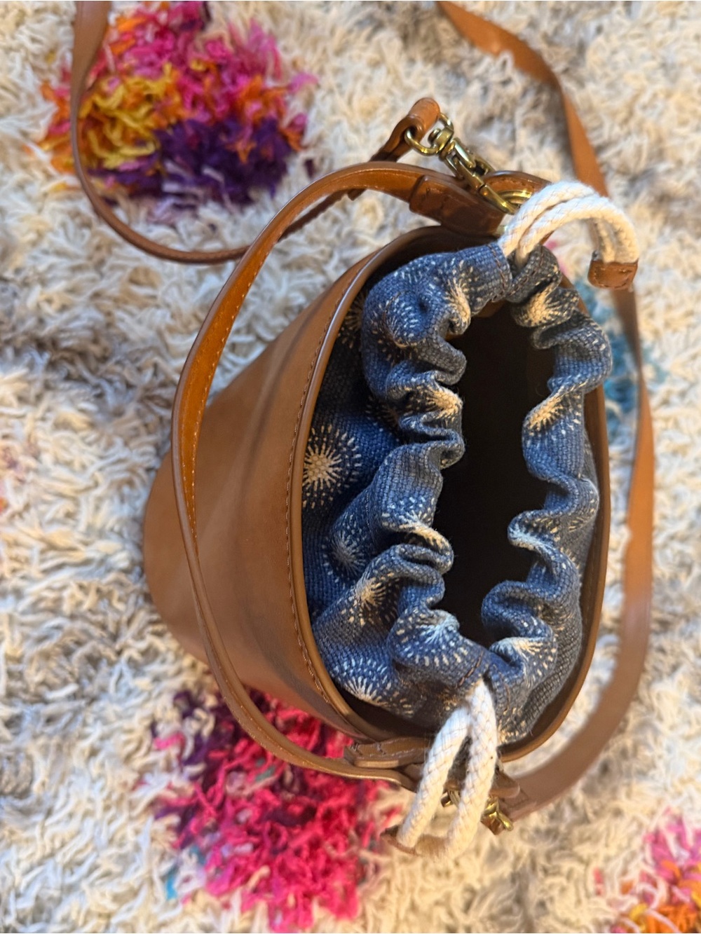Vintage Fossil Bucket Bag with drawstring Lining and brass hardware